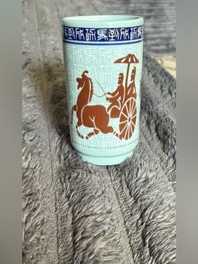 Vintage Chinese Celadon Porcelain Brush Pot Vase Horse Carriage Scene